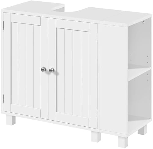 Yaheetech Mobile Sottolavabo con Ripiani Regolabili Armadio da Bagno Autoportante con Apertura a U Mobile da Bagno a Due Ante con Scaffale Laterale Aperto e Ganci (Bianco)