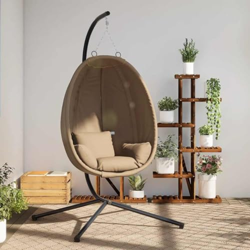 Silla colgante con diseño de huevo con estructura de acero y tela color pardo, incluye cojín acolchado extraíble, independiente para jardín, terraza, balcón y zona al aire libre para relajarse