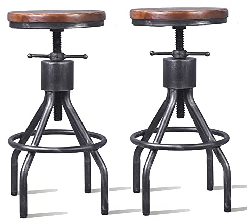 LOKKHAN Set of 2 Industrial Bar Stool-Vintage Adjustable Round Wood Metal Swivel Bar Stool-Cast Iron-23-30 Inch Tall Counter Bar Height Farmhouse Kitchen Stools