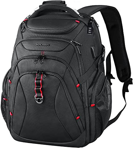KROSER Laptop Rucksack 17,3 Zoll Reise XL Business Daypack Schwerlast Wasserdicht mit Hartgeschältem Sicherheitsraum Ladeanschluss RFID Tasche für Männer/Frauen/College/Schule-Schwarz