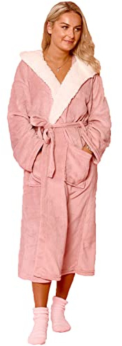 Sienna Hooded Dressing Gowns for Women UK Super Soft Flannel Fleece Sherpa Lined Fluffy Mens Luxurious Comfy Cosy Bathrobe - Blush Pink