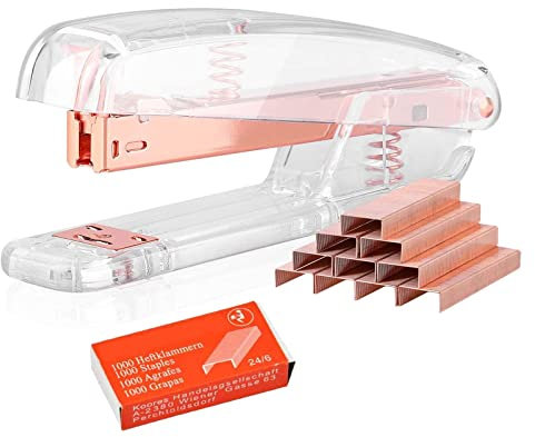Huianpen Büro-Tacker,Hefter Heftklammern,Acryl Heftgerät,Small Office Hefter, mit 1000 Heftklammern,25 Seiten Kapazität,Ergonomisches Design, Bürobedarf, Schreibtischzubehör Kit(Roségold)