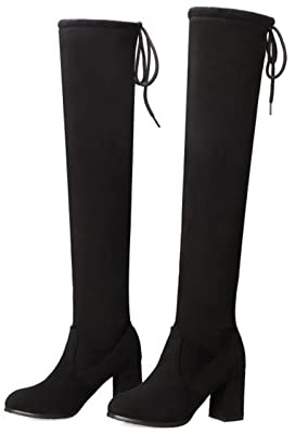 GAOword Cuissardes pour Femmes Auto-Culture Décontractée Polyvalente Chaude Épaisse Bottes À Talons Hauts De Grande Taille 34-43,Noir,39 EU