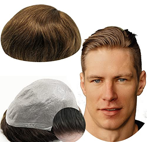 Toupee for Men Yanahair Straight Hair Pieces Mens Toupee Replacement System 100% European Real Human Hairpieces Hair System 0.04mm Soft Thin Skin PU V-loop (#4 Light Brown 8x10)