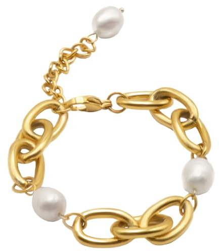 GOLDENCAT Pulsera de Acero Dorado con Perlas y Eslabones Grandes, Longitud Extendida 24.5 cm, Acero Inoxidable, Baño Oro 14k