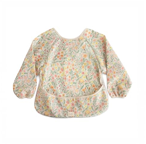mushie Long Sleeve Baby Bib | Water Resistant Adjustable Fit for Ages 6-24 Months (Pastel Blooms)