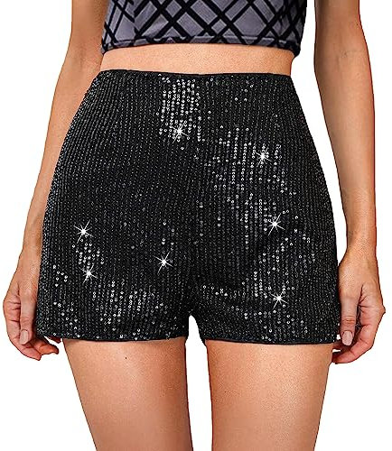 Qianderer Damen-Shorts mit Pailletten, hohe elastische Taille, glitzernd, gerades Bein, einfarbig, glitzernd, für Partys, Schwarz , S