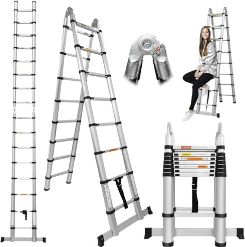 A Frame Telescopic Ladder 5M (2.5M+2.5M) Extension Folding Ladder Multi Purpose Aluminum Loft Ladder, Portable 2x8 Steps Foldable Ladders Extendable Tall Roof Ladder with Stabilizer, Max Load 330lbs
