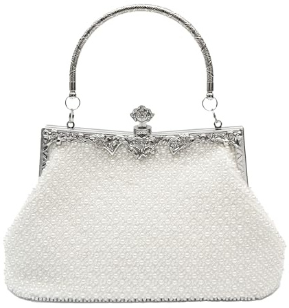 lapulio Abendtasche im Vintage-Stil der 1920er Jahre, einfarbig, mit Perlen besetzt, schlichte elegante Damen-Clutch, geeignet für Hochzeiten, Partys, Weiss/opulenter Garten, Small