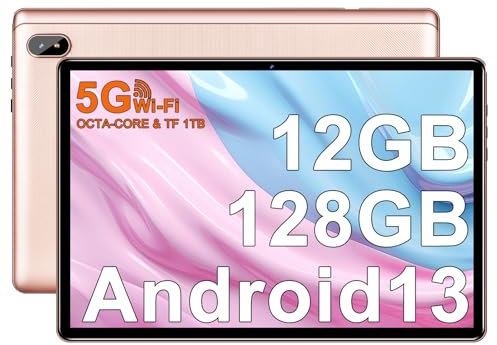FACETEL Tablet 10 Pulgadas Android con Octa-Core 2.0 GHz, 12GB RAM + 128GB ROM (1TB TF), 5G WiFi + Bluetooth 5.0, 5MP+8MP, HD IPS, Facciale ID, Widevine L1, Tablet con Case - Oro Rosa