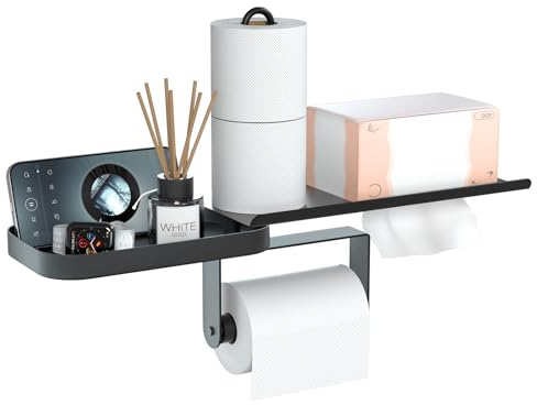 CLESOO Portarrollos Papel Higienico de Pared, Soporte Papel Higienico con Estante de Almacenamiento, Portarrollos Baño Multifuncional y Giratorio, Porta Papel Higiénico para Baño Cocina Lavabo