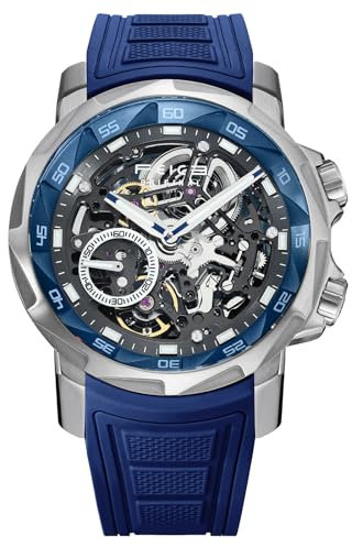 FEICE Herren Automatikuhr Skelett Saphirglas mit Blauem Gummiarmband Edelstahlgehäuse 46 mm FM511