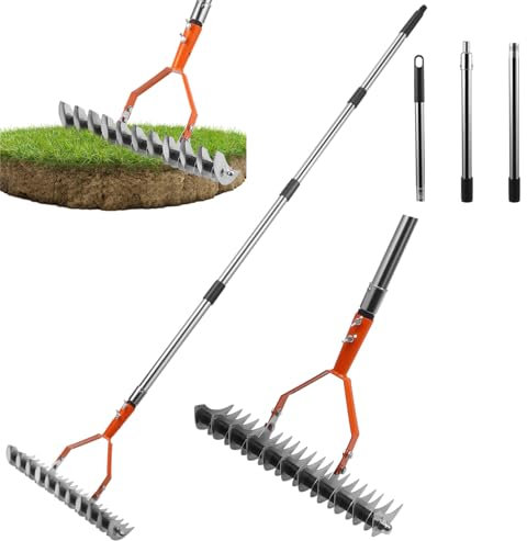 Thatch Rake, Heavy Duty Lawn Thatching Rake with Sturdy Long Handle, Adjustable Dethatcher Rake for Cleaning Dead Grass Moss Stones Debris, Efficient Steel RAke for Garden Yard, Loosening Soil, 170CM