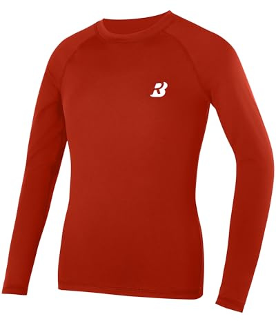 Roadbox Boys Long Sleeve Compression Shirt, Kids Base Layer, Quick Dry, Breathable Sports Top for PE, Football Red