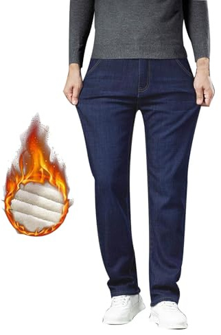 UIKIFY Mens Fleece Lined Jeans Denim Thermal Trousers for Men UK Autumn Warm Work Fleece-Lined Pants with Pockets Male Thicken Elastic Waist Workwear for Outdoor and Sports