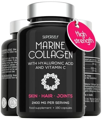 Marine Collagen Capsules 2200mg - with Hyaluronic Acid & Vitamin C | High Strength Supplements for Skin & Hair Support - Premium Type 1 Collagen Peptides for Women & Men - 180 Capsules