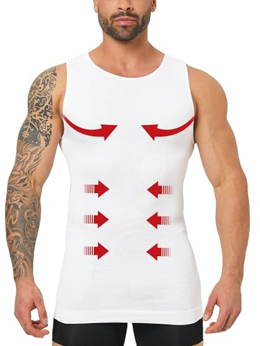 YOWODA Compression Shirt Men Shapewear Slimming Tank Top Body Shaper Vest Undershirt for Gynecomastia, Tummy Control (1, White, X-Large)