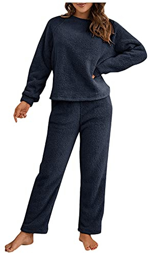 Pigiama in pile da donna, 2 pezzi, biancheria da notte da donna, a maniche lunghe, con maglietta e pantaloni in pile felpato, termico, invernale, tinta unita, con tasca, set casual da casa, Blu scuro