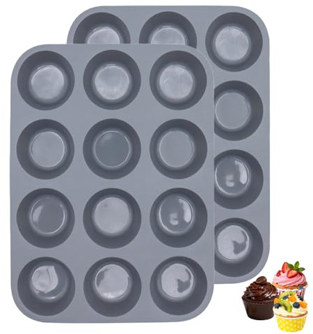 ENAESLOT 2 PCS Silicone Muffin Trays,Deep and Jumbo Muffin Tray 12 Cup Large Silicone Muffins Pan, Baking Mould for Muffins or Cupcakes，Non Stick Giant Cupcake Tin,Bakeware 29×21.5×3cm Cm (Grey)