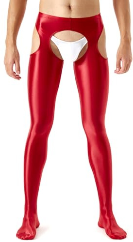 GENEMEN Collant Uomo Sexy Leggings Compressione Pantaloni Aperti al Cavallo Lucidi Glitterati Lingerie Aderente (Rosso, L)