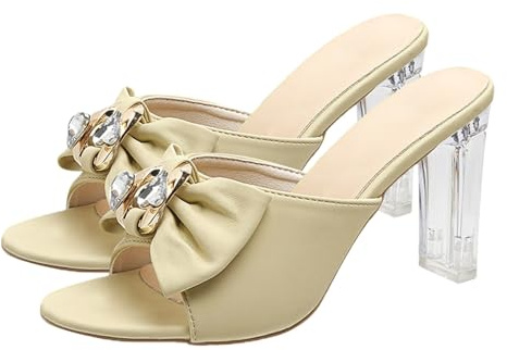 Generico Scarpe Tacco Donna Sandali Comodi Pianta Larga Pantofole da Donna con Tacco E Punta con Fiocco In E Spesso Sandali Ciabatte Estive Scarpe Zeppa (Khaki,37)