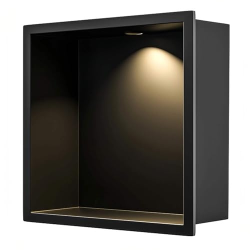 SAYEYBU Ducha Nicho Pared Acero Inoxidable con Luz LED, Estante Almacenamiento Negro para Ducha BañO, Estante Ducha Empotrado, Estante Almacenamiento Individual, No Necesita Azulejos,30.5*30.5*10cm