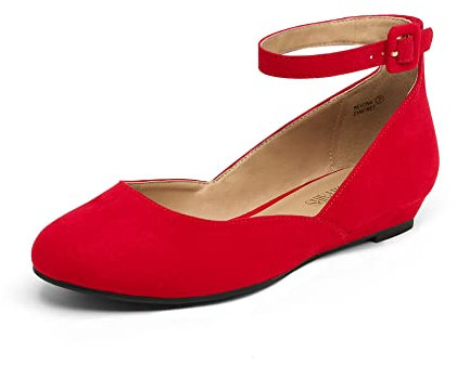 DREAM PAIRS Women's Ballet Flats Pumps Ballerina Ankle Strap Elastic Low Wedge Sandals Round Toe Comfy Dolly Shoes,Size 5,Red/Suede,REVONA