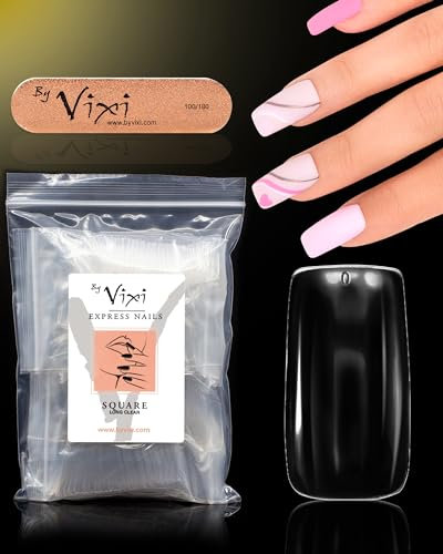 By Vixi 500 SET DE UÑAS LARGO CUADRADO con LIMA DE PREPARACIÓN, 10 tamaños - de uñas postizas exprés de cobertura total Clara para profesionales de salón y uso doméstico
