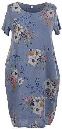 Storm Island Ladies Italian Linen Dress Ribbed Short Sleeves Sides Women Floral Lagenlook Top