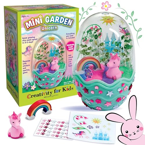 Creativity for Kids Mini Garden Unicorn Kit – Grow Your Own Chia Seed Garden in 3-5 Days with Colorful Sand, Stickers, Gems & Unicorn Figurines – Magical Gardening Craft for Kids Ages 6+
