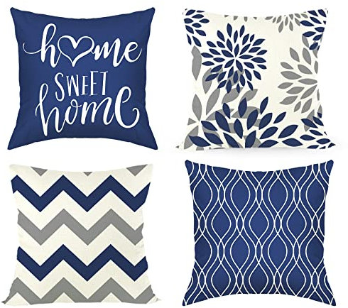 Joyshare Kissenbezug 45x45 4er Set,Dekorative Sofakissen Kissenbezüge Leinen,Home Sweet Home Blau Kissenhülle mit Verstecktem Reissverschluss,45×45cm Blau