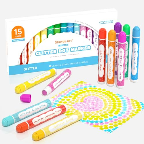 Shuttle Art Marqueur à Point Lavable, 15 Couleurs Paillettes Dot Marker | Feutre Enfant Non Toxique, Bingo Dabber pour Création, Activité Créative pour Enfants Education Précoce