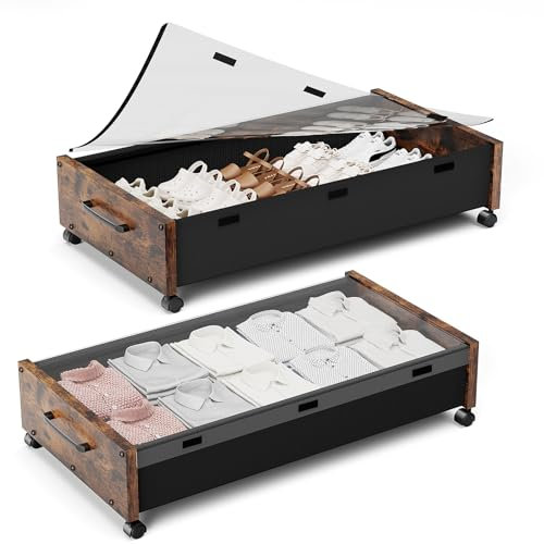 KITHELP Under Bed Storage with Wheels, Extra Large Rolling Metal Drawer for Clothes (Vintage Brown-2pack)