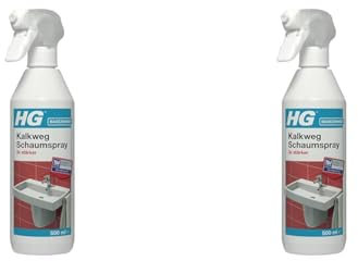 HG Kalkweg Schaumspray 3x stärker, extra starker Kalkreiniger, Entfernt hartnäckige Kalkflecken & Ablagerungen Z.B. auf Duschköpfen, Wasserhähnen & Badewannen - 500 ml (Packung mit 2)