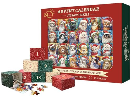 Katt sticksåg, nedräkningskalender 24 dagar 1 000 bitar papper familjespel pussel jul pussel leksak, 24 lådor nedräkning till jul god jul katt adventpussel