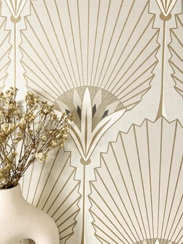 Newroom Tapete Gold Vliestapete Ornamente - Mustertapete Modern Weiß Hellgrau Linien Leicht glänzend Vintage Glamour Retro Elegant inkl. Tapezier-Ratgeber