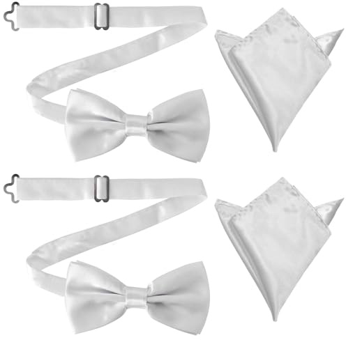 Marjoramy Set Di 4 Papillon Uomo E Fazzoletto,Papillon Da Regolabile E Pre-Legato,Fazzoletto Da Uomo in Tinta Unita per Festa,Lavoro,Matrimonio, Cerimonia (bianco)