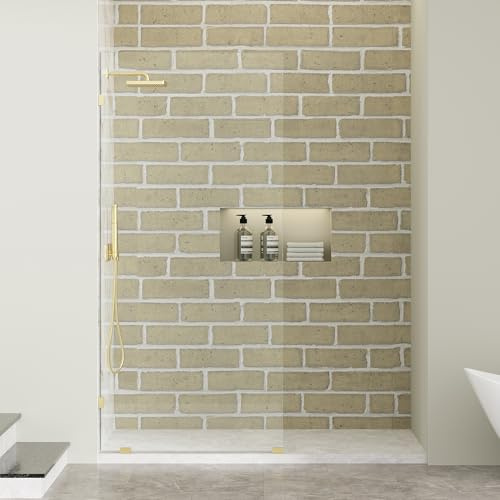 Findepot Frameless Fixed Shower Screen 34 W × 74 H, Shower Glass Panel, 5/16(8mm) SGCC Clear Tempered Glass Shower Door,Brushed Gold