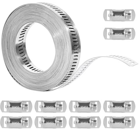 Abrazaderas de Manguera de Acero Inoxidable 304, 4 Metros Abrazaderas Metalicas para Tubos, Abrazadera de Metal Perforado Ajustables para Tuberías de Agua Gas Automoción, con 10 Sujetadores