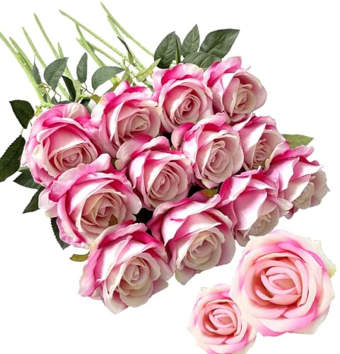 ZYEKIU 12 Pezzi Fiori Finti per Decorazioni, 52cm Fiori Finti da Esterno, Fioris Artificiali, Fiorellini per Bomboniere, Fioris per Bomboniere Fai da Te, Bouquet di Rosa con Steli Lunghi (Rosa)