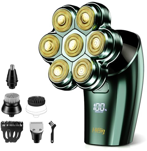 HiBig Head Shavers for Bald Men - 7D Arc Magnetic Detachable Electric Razor, Waterproof Wet Dry 5-in-1 Electric Shaving & Grooming Kit, LED Display Rechargeable Head & Body Hair Shaver, Dark Green