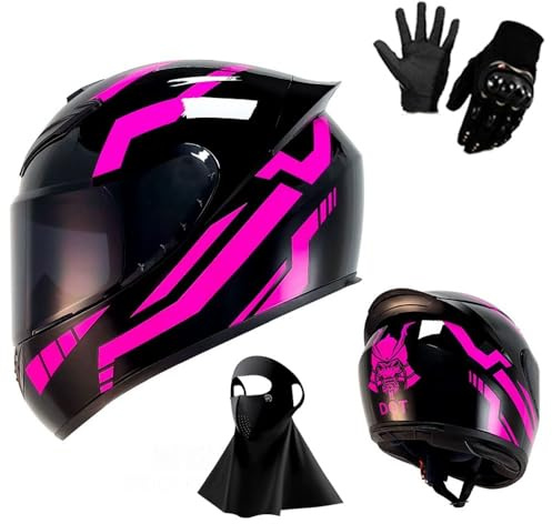 Casco Integral de Motocicleta 2025 con Visera Solar Negra para Adultos, Casco de Moto de Carreras de Calle con Guantes Y MáScara, Aprobado por El Dot(KK15,S(55-56cm))