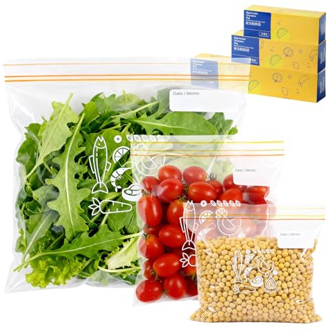 Wosyoodo 70 Piezas Bolsas para Congelar Alimentos, Bolsas con Cierre Hermético de Doble Sellado Bolsas, Reutilizables con Fondo Ancho para Frutas Sándwiches Verduras Carne Sopas Aperitivos