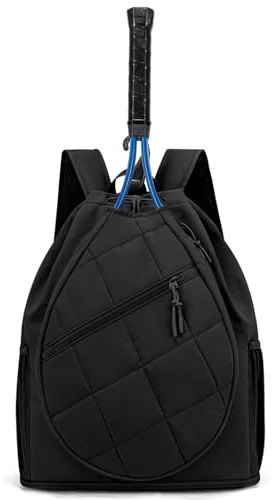 ecosmile Drawstring Tennis Bag, Puffer Tennis Racket Backpack with Shoe Compartment & Wet Pocket, Suitable for Pickleball Tennis Badminton (Black)