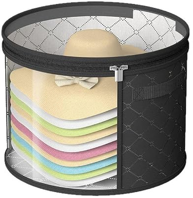GNVOVIC Scatola per Cappelli Rotonda con Coperchio 2 Pezzi 42x26,5cm, Cappelliera Pieghevole Grande con Finestra Trasparente e Cerniera, Organizzatore per Abbigliamento Giocattoli Viaggio, Nero