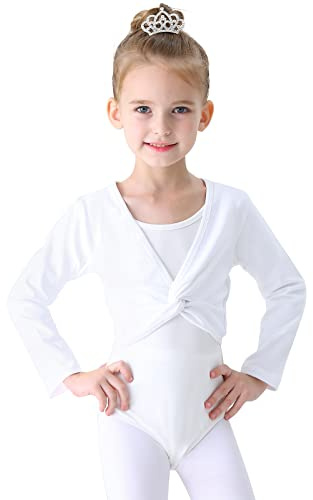 Soudittur Ballettjacke Mädchen Langarm Weichem Baumwollstoff Wärmende Ballettkleidung für Kinder (Weiß, 125-135)