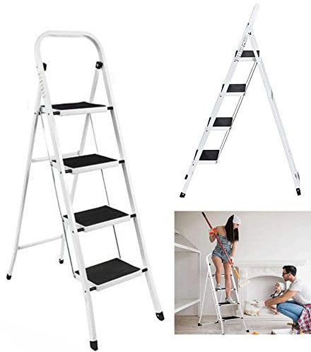 Escalera de Mano Escalera Plegable de 4 escalones Escalera de Seguridad con Base Antideslizante para jardín Oficina en casa Estudio Garaje Escalera portátil para Trabajo Pesado Escalera Liviana