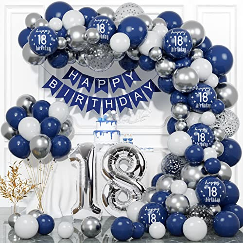 18 ans Décoration pour anniversaire, joyeux anniversaire, décoration 18 ans, bleu argenté, arc ballons d'anniversaire, drapeau Happy Birthday pour homme et femme