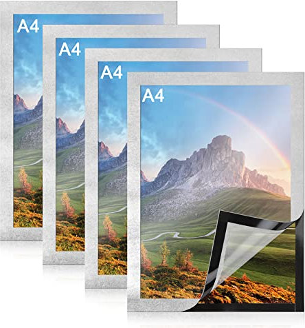 Newellsail Magnetrahmen A4 Selbstklebend Magnetischer Display-Rahmen A4 Magnetisch Info-Rahmen für Dokumente, Lizenz, Fotos, Notizen, Poster, Bilder (4 Stück, Silber)