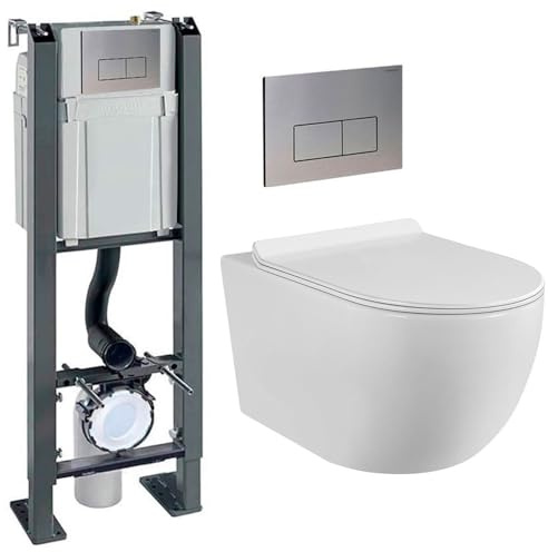 Pack Complet WC Sans Bride Bati Autoportant + Cuvette Suspendue Sans Bride + Plaque (Bâti chrono autoportant, Plaque inox)
